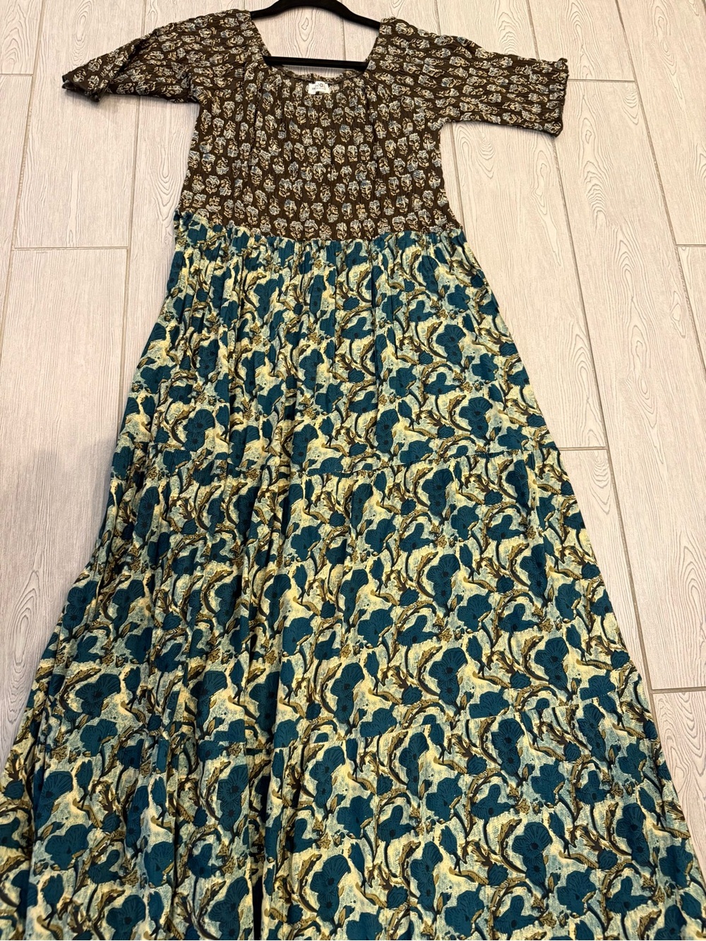 NL Teal and Brn floral smocking top maxi dress